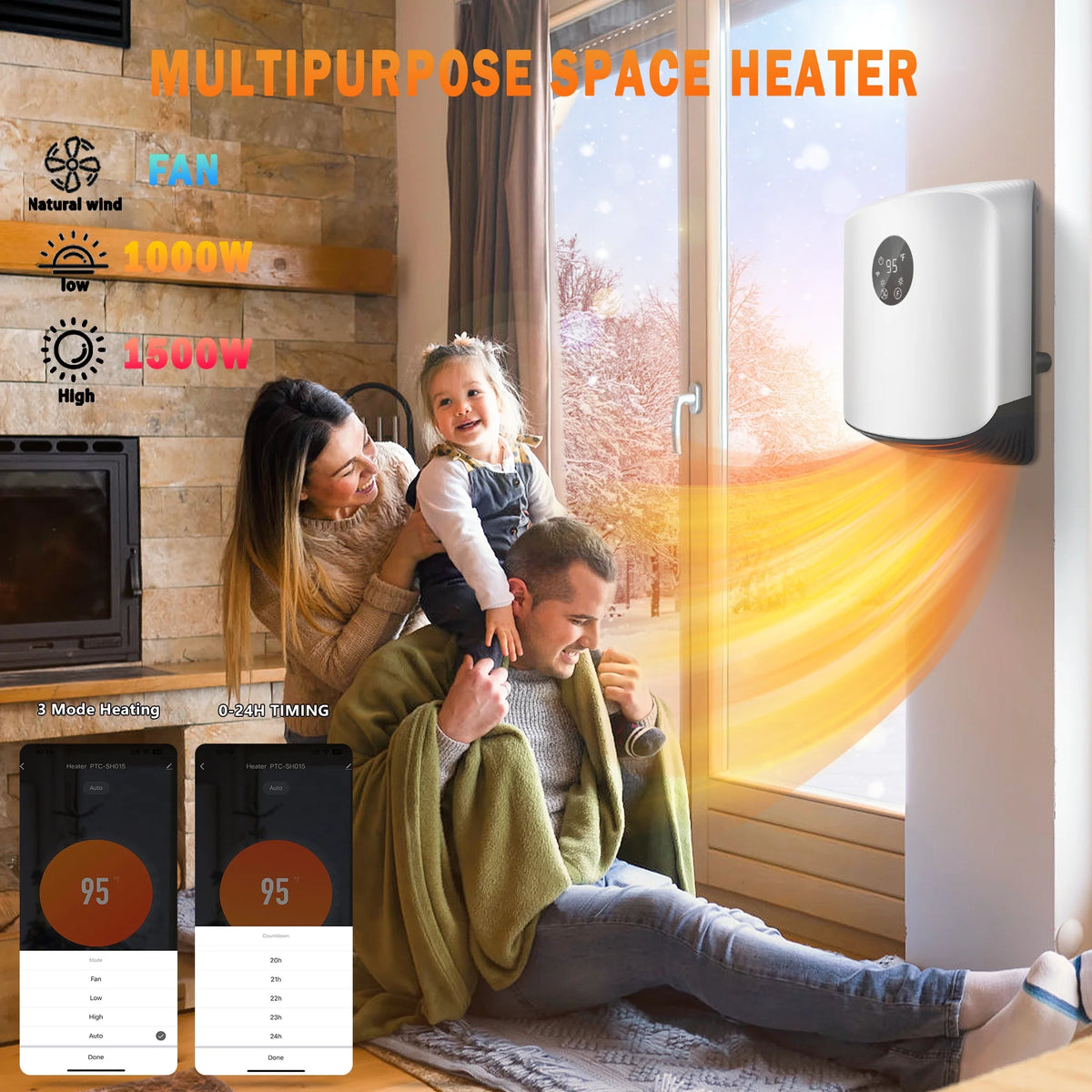 1500W Portable Wall Mounted Space Heater with Adjustable Thermostat T91927