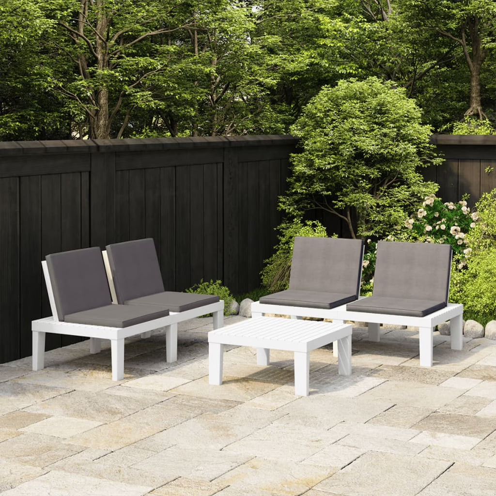 3 Piece Patio Lounge Set with Anthracite Cushions, 2 Benches and Table, Plastic White Outdoor Sectional Sofa Set C4243