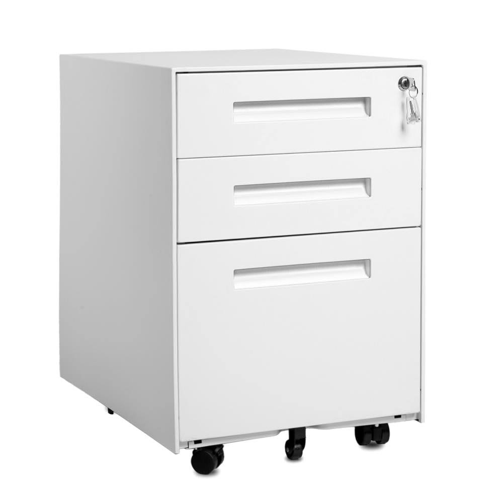 White 3-Drawer Mobile Metal File Cabinet with Lock and Keys L20955
