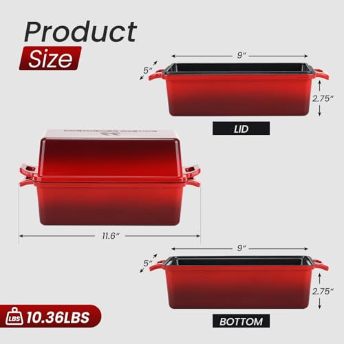 9x5 Inch Enameled Cast Iron Bread Loaf Pan with Lid, 2 Piece Set, Red B330