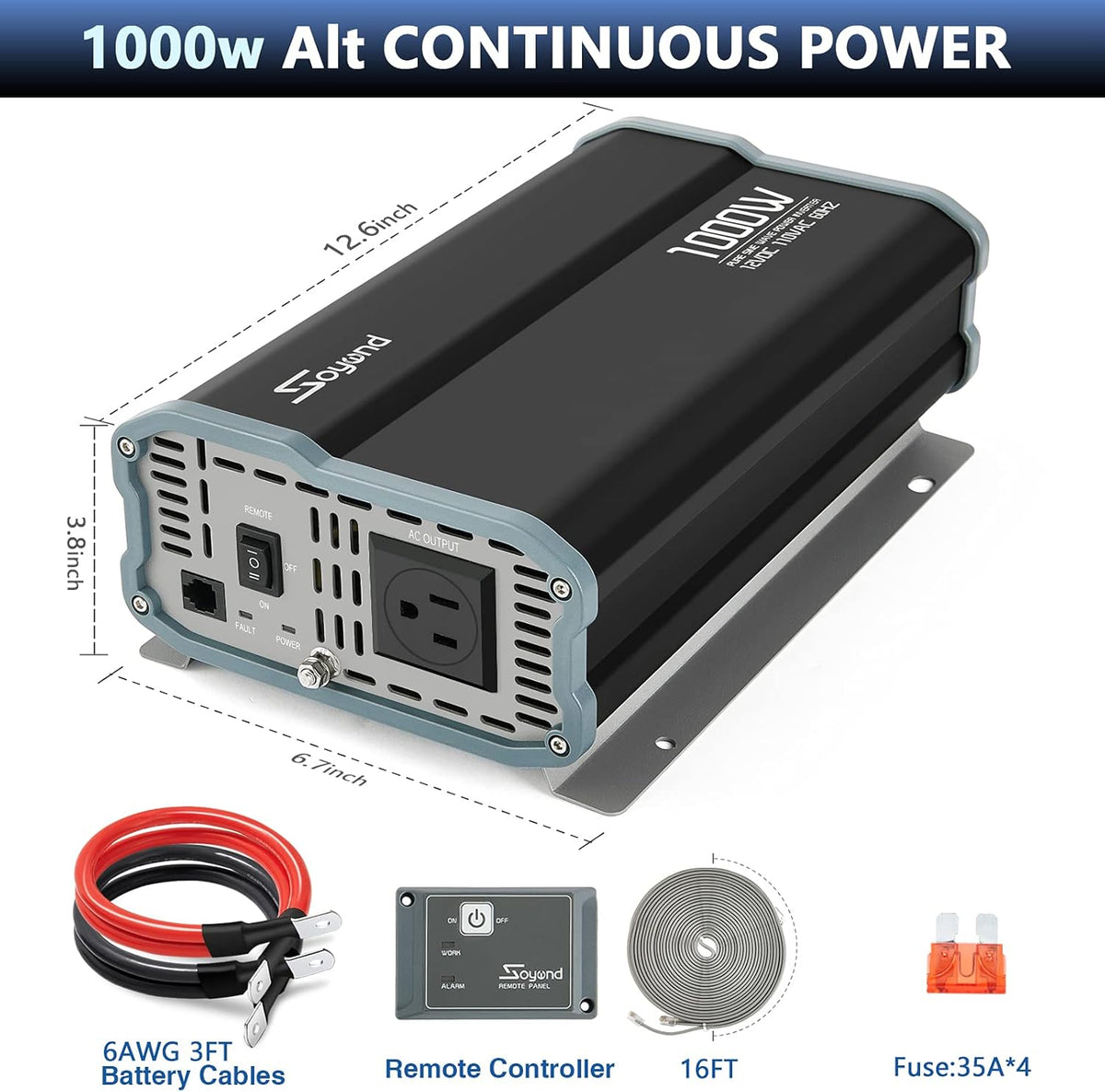 Pure Sine Wave 1000 Watt 12vdc to 120vac Car Inverter with Dual Ac Outlets Q72185
