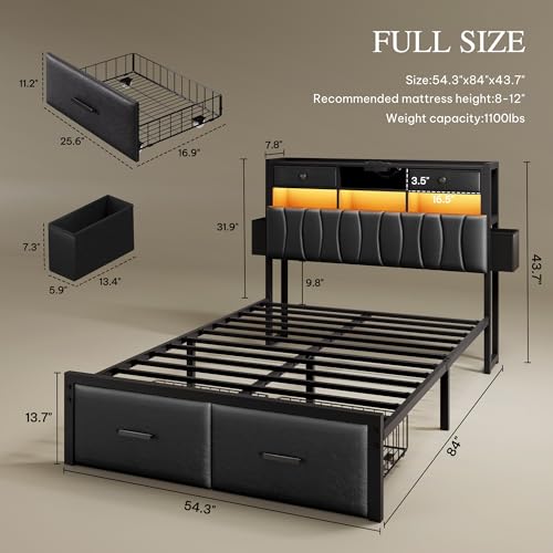 King Size Upholstered Platform Bed with 2 Storage Drawers and LED Light, Black G37042