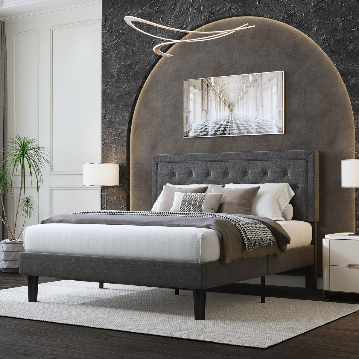 Queen Size Upholstered Platform Bed Frame with Adjustable Headboard O35950