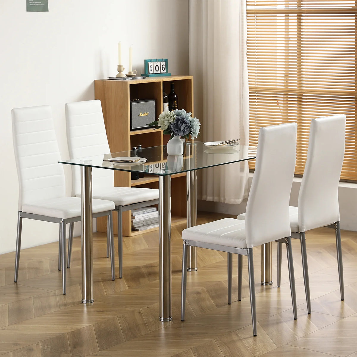 White Glass Dining Table Set for 4 C58273