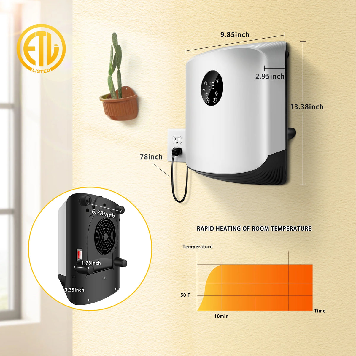 1500W Portable Wall Mounted Space Heater with Adjustable Thermostat T91927