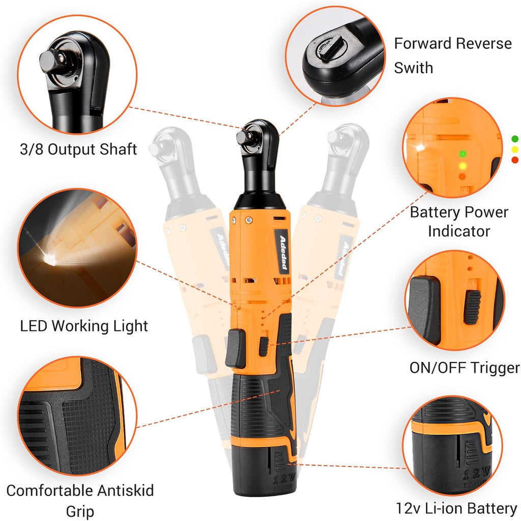 12V Cordless Brushless Ratchet Wrench & Drill, 3/8" 40Ft-lbs Torque 400 RPM, 21+1 Metal Drill, 2 Batteries Power Tool Set S495