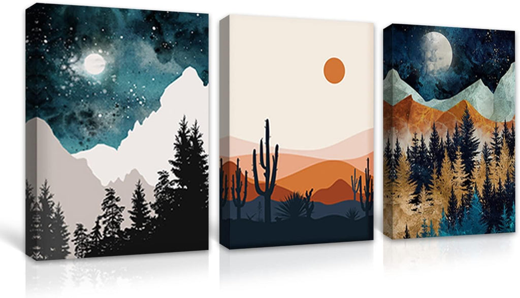Boho Desert Cactus Landscape Framed Painting Set of 3 12x16 E51617