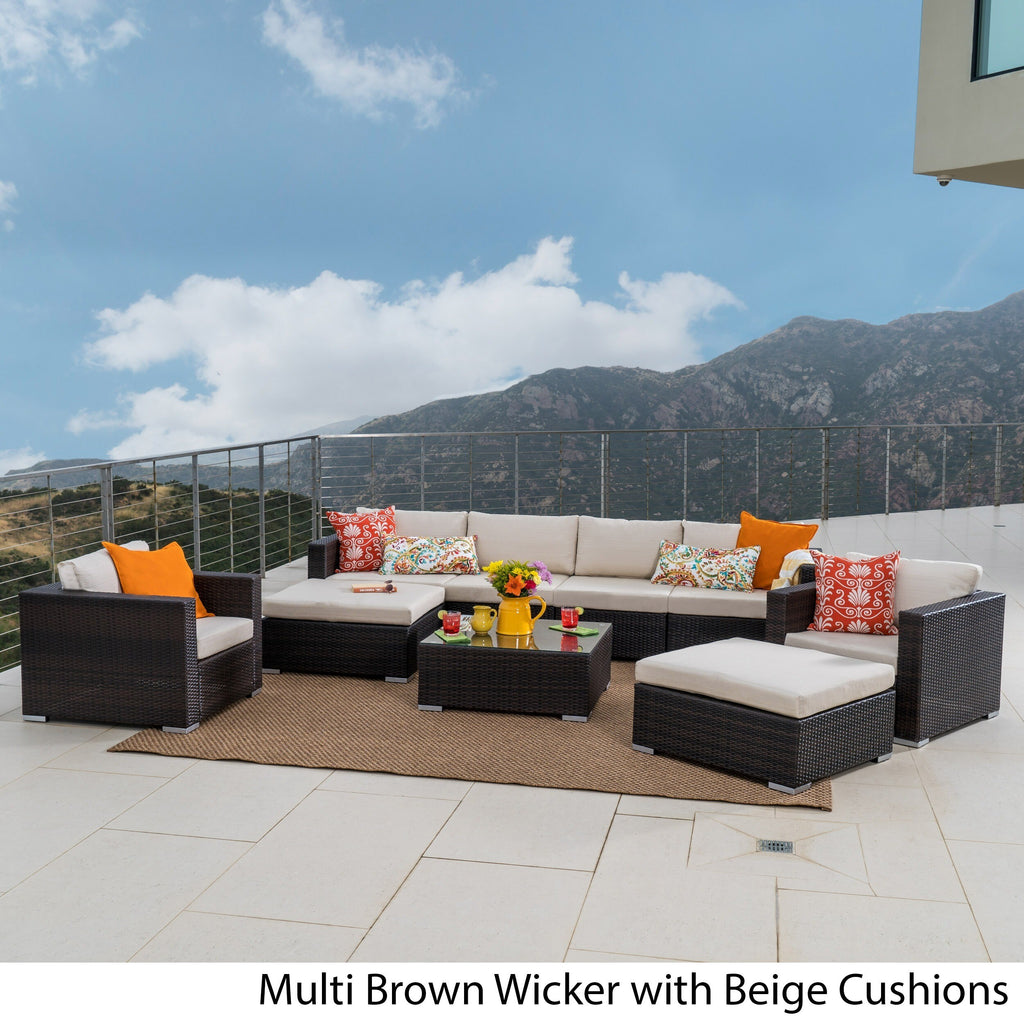 Outdoor Wicker 9-Piece Sectional Sofa with Cushions and Ottomans X99758