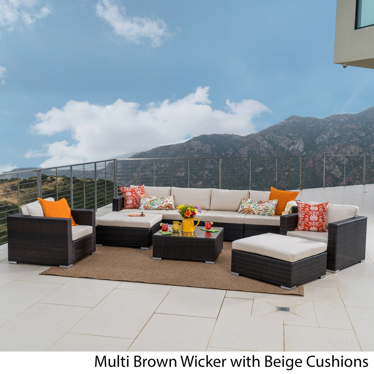Outdoor Wicker 9-Piece Sectional Sofa with Cushions and Ottomans X99758