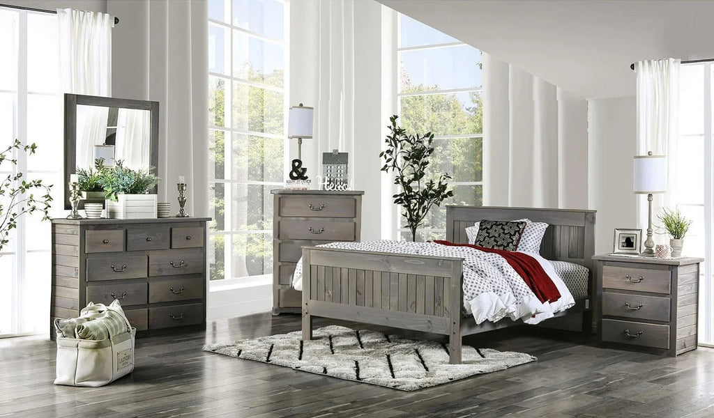 Weathered Gray Pine Wood Queen Bedroom Set 5pcs Q776