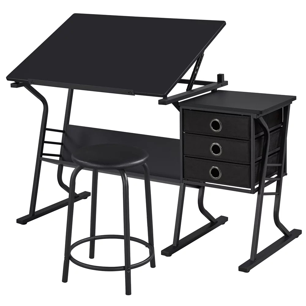 Black Adjustable Drafting Table with Storage Drawers and Stool N9808