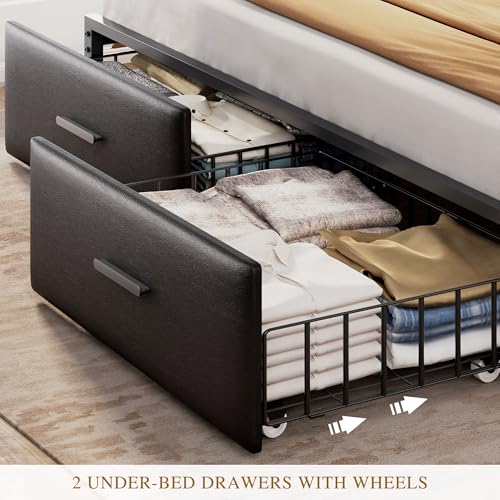 King Size Upholstered Platform Bed with 2 Storage Drawers and LED Light, Black G37042