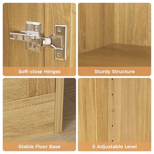 67" Tall Oak Rattan Storage Cabinet with Doors and Adjustable Shelves J1389