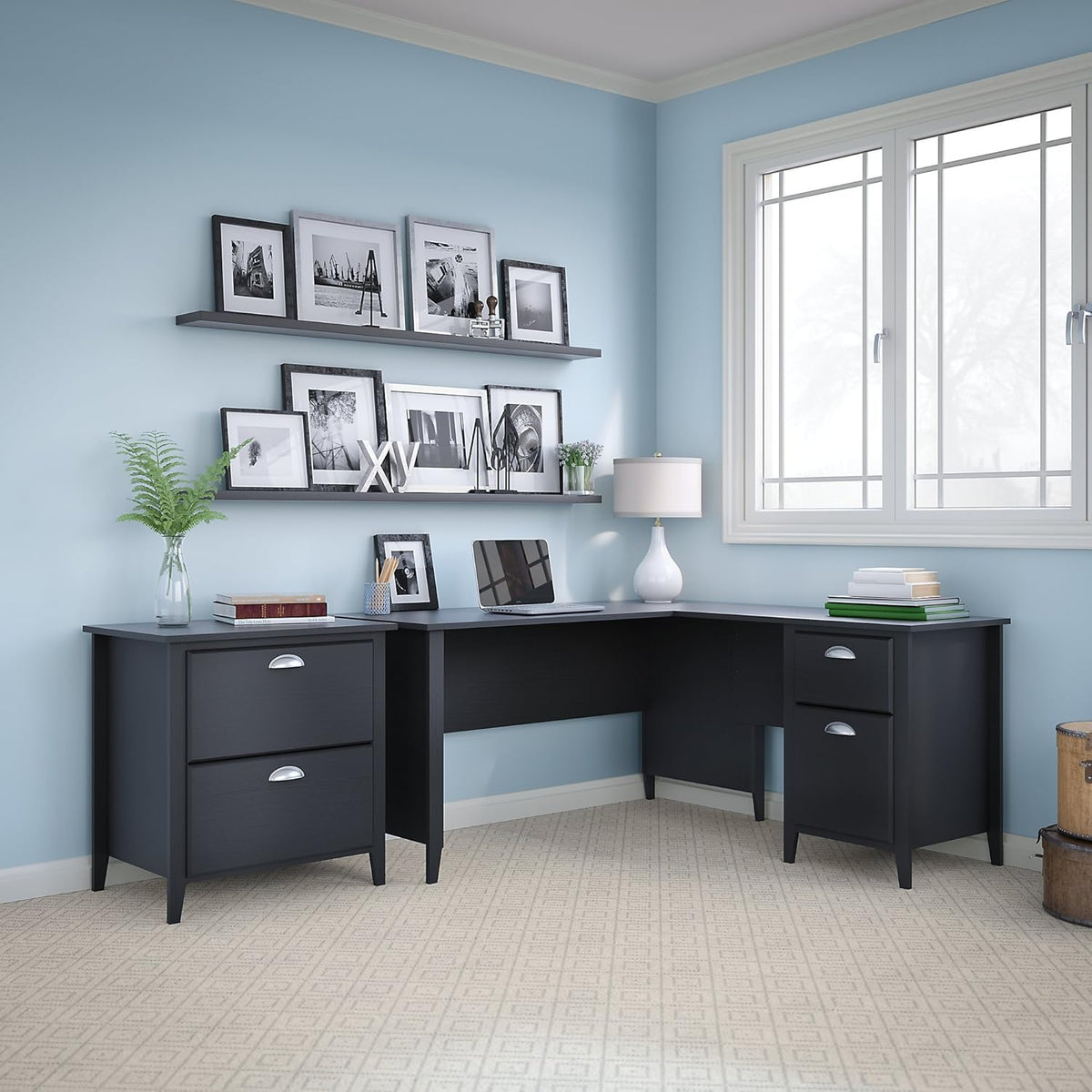 Black Suede Oak L Desk and Bookcase T931