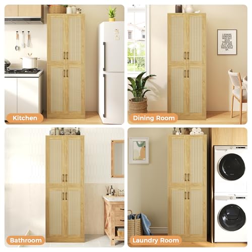 67" Tall Oak Rattan Storage Cabinet with Doors and Adjustable Shelves J1389