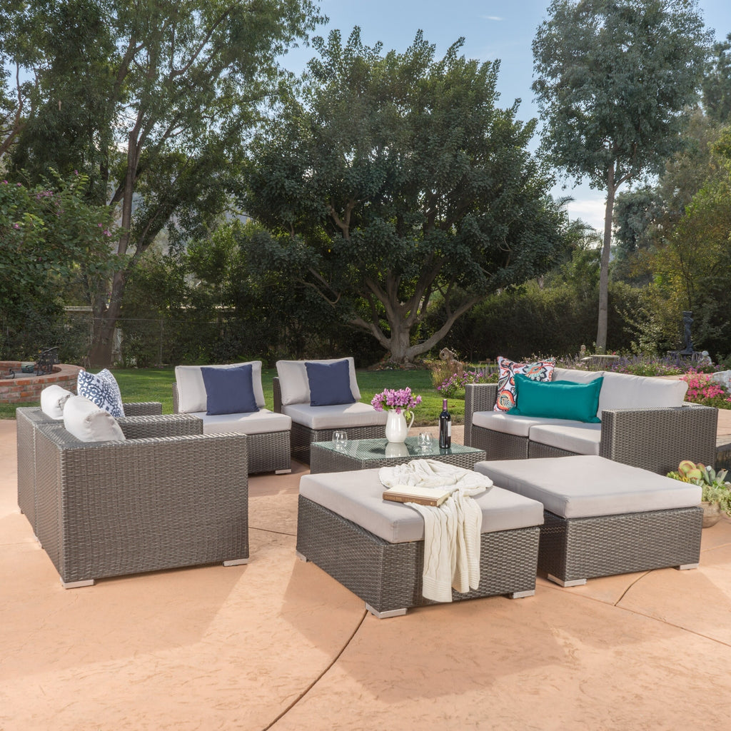 Outdoor Wicker 9-Piece Sectional Sofa with Cushions and Ottomans X99758