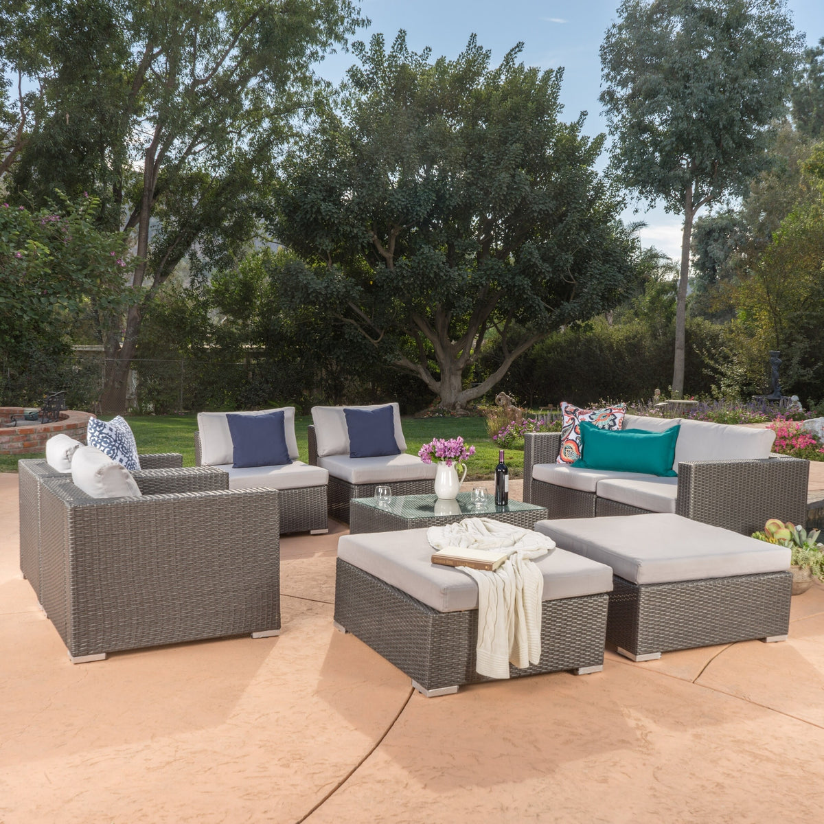 Outdoor Wicker 9-Piece Sectional Sofa with Cushions and Ottomans X99758