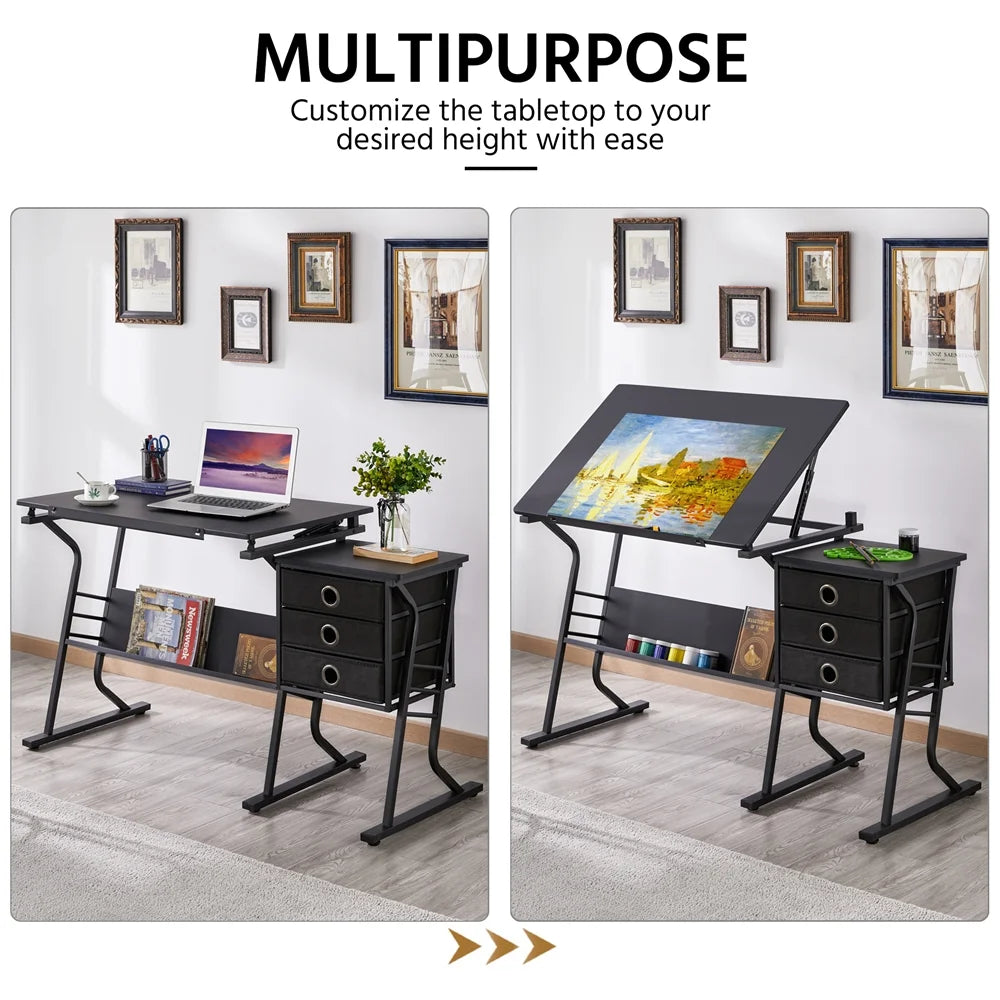 Black Adjustable Drafting Table with Storage Drawers and Stool N9808