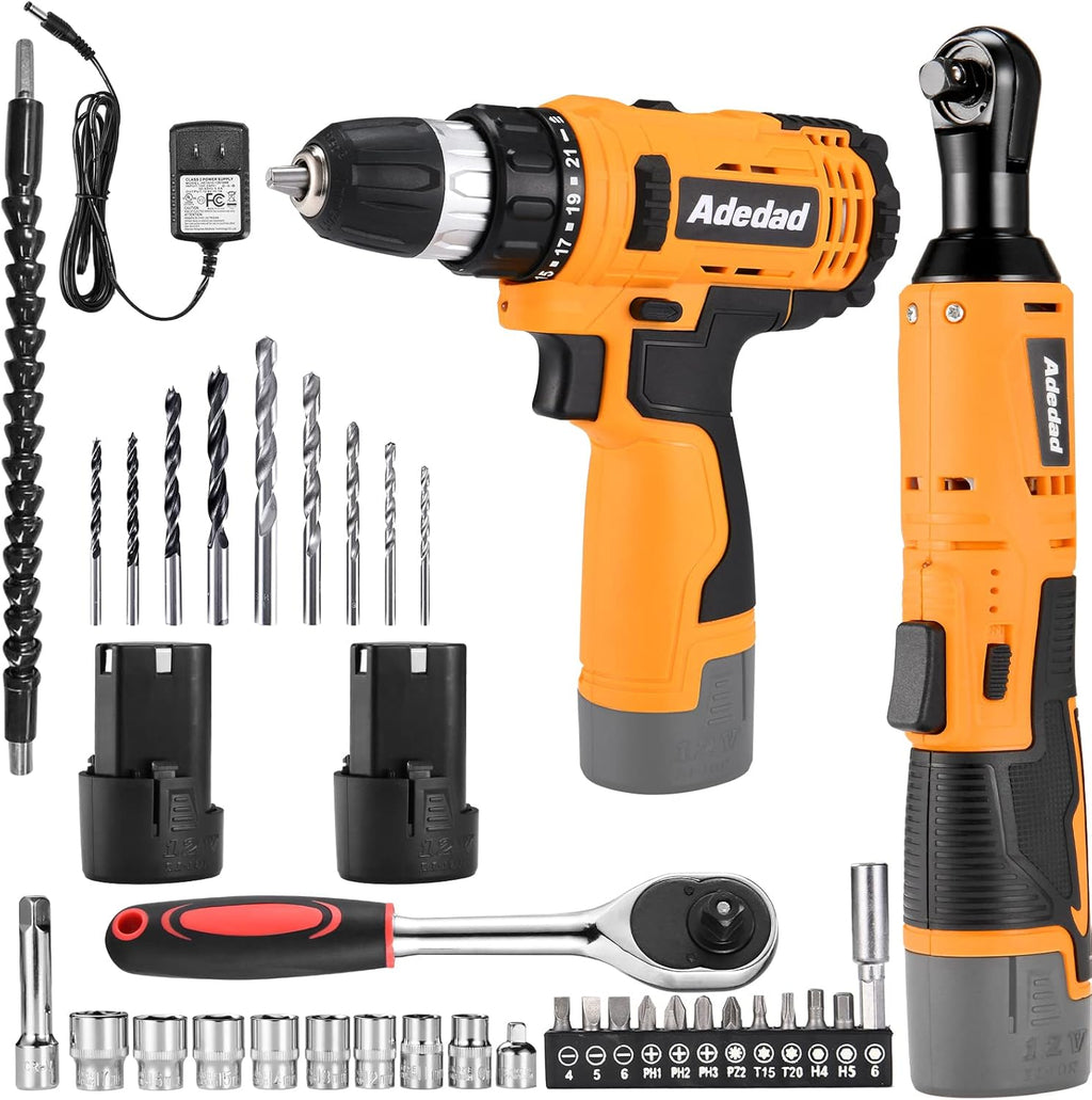 12V Cordless Brushless Ratchet Wrench & Drill, 3/8" 40Ft-lbs Torque 400 RPM, 21+1 Metal Drill, 2 Batteries Power Tool Set S495