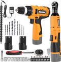 12V Cordless Brushless Ratchet Wrench & Drill, 3/8" 40Ft-lbs Torque 400 RPM, 21+1 Metal Drill, 2 Batteries Power Tool Set S495