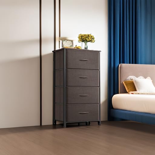 4 Drawer Dark Grey Dresser with Steel Frame and Wood Top A603674