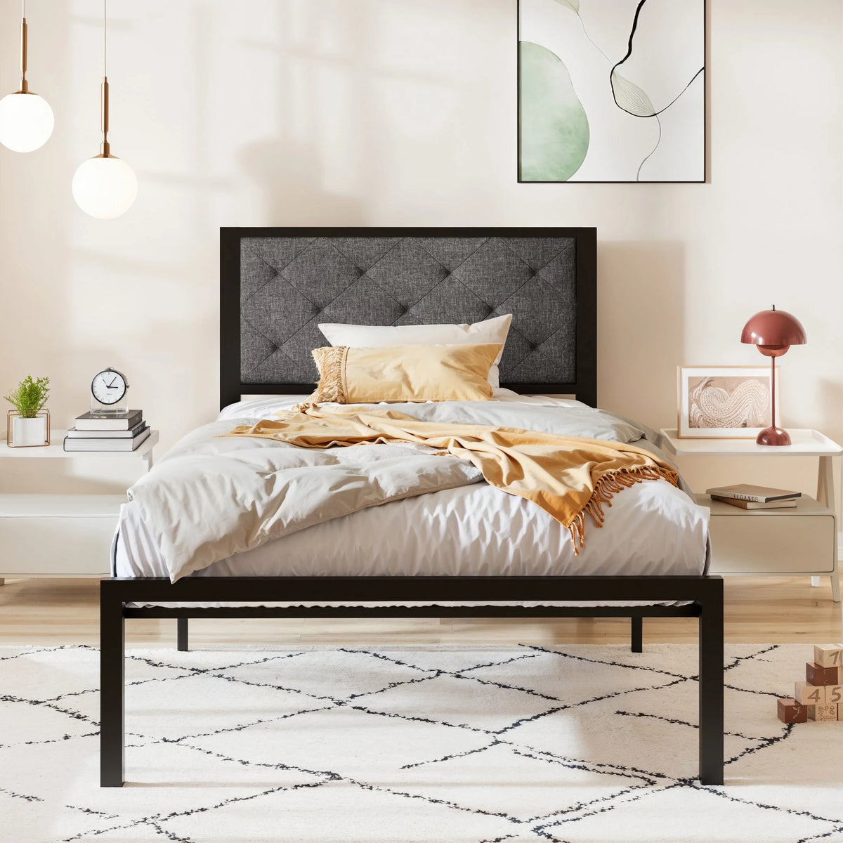 Twin Size Metal Platform Bed Frame with Fabric Headboard A332