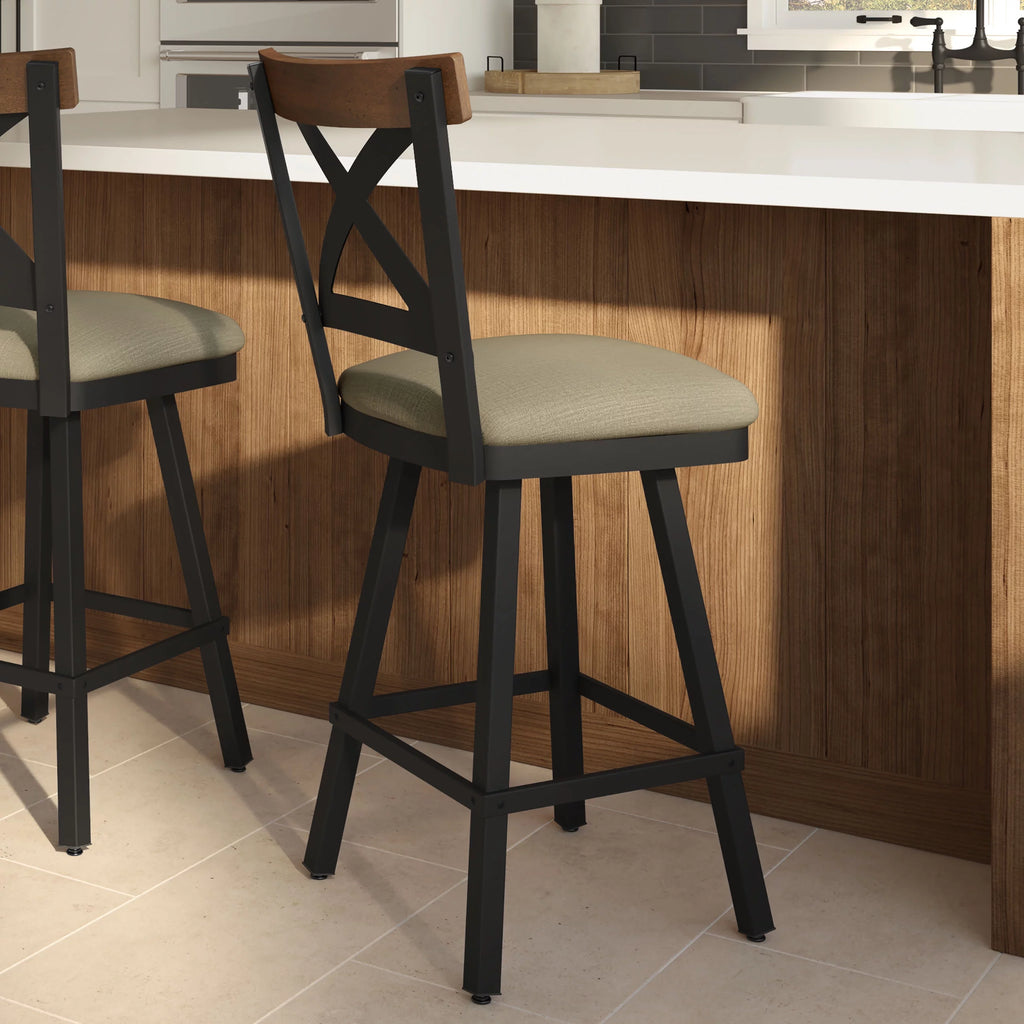 30 In. Beige Fabric Black Metal Brown Wood Bar Stool N273796