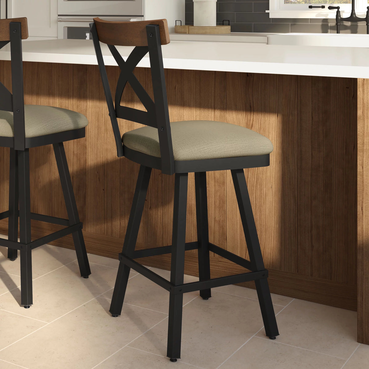 30 In. Beige Fabric Black Metal Brown Wood Bar Stool N273796