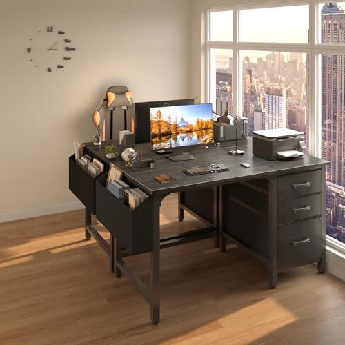 White 55 Inch Computer Desk with Fabric File Drawers Cabinet M101