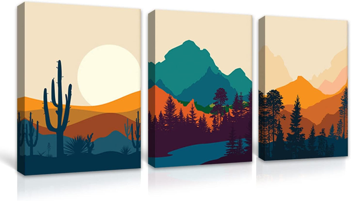 Boho Desert Cactus Landscape Framed Painting Set of 3 12x16 E51617