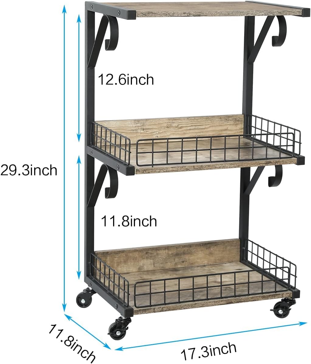 3-Tier Wood/Metal Rolling Utility Cart with Lockable Caster Wheels T5252