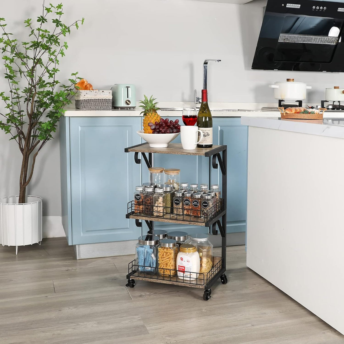 3-Tier Wood/Metal Rolling Utility Cart with Lockable Caster Wheels T5252