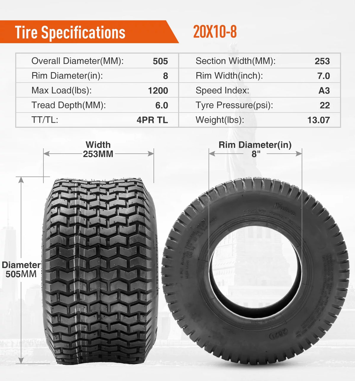 20x10.00-8 Lawn Mower Tires 4PR Heavy Duty Tubeless I67141
