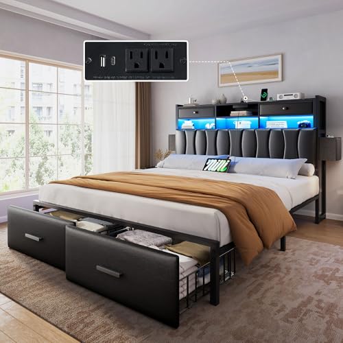 King Size Upholstered Platform Bed with 2 Storage Drawers and LED Light, Black G37042