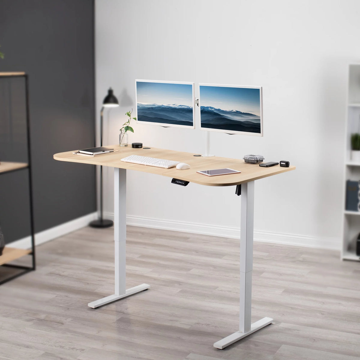 Electric 63” x 32” Stand Up Desk, Light Wood 3 Part Table Top, White Frame G819792