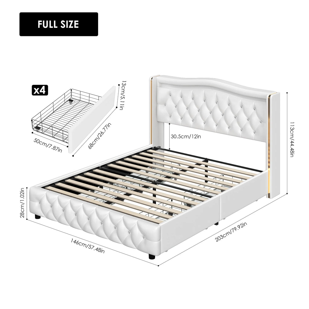 White Full Size LED Bed Frame with 4 Storage Drawers X587464