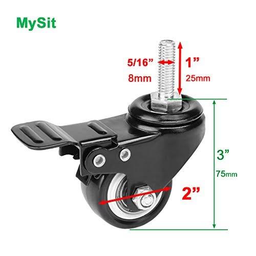 4pcs Stem Casters M8X25 with Brake Lock 2 inch Heavy Duty PU Rubber Swivel Castor Wheel D410